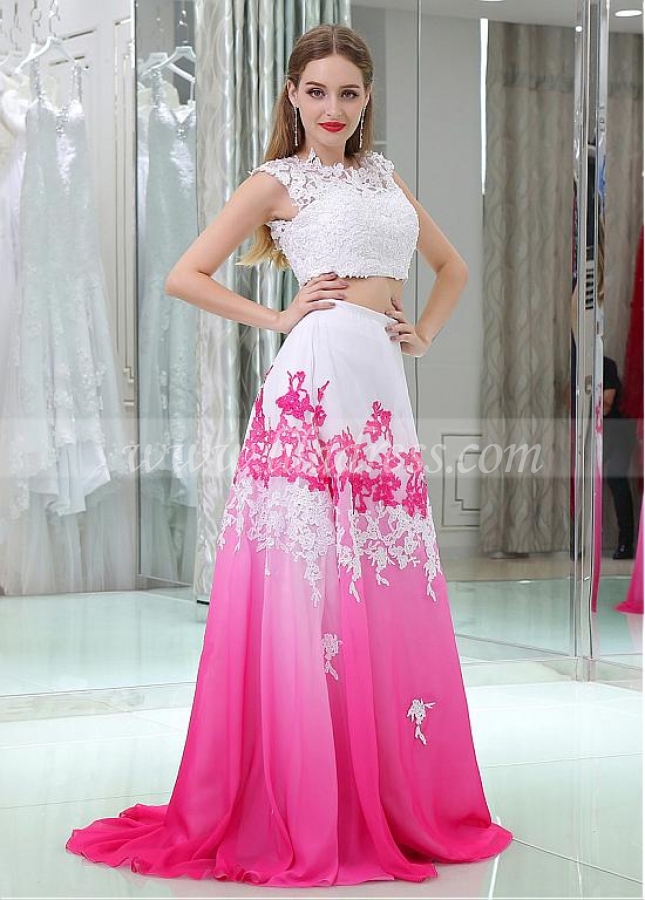 Amazing Tulle & Chiffon Jewel Neckline Floor-length A-line Two-piece Prom Dresses With Beaded Lace Appliques