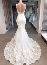 Elegant Tulle Spaghetti Straps Neckline Mermaid Wedding Dresses With Beaded Lace Appliques