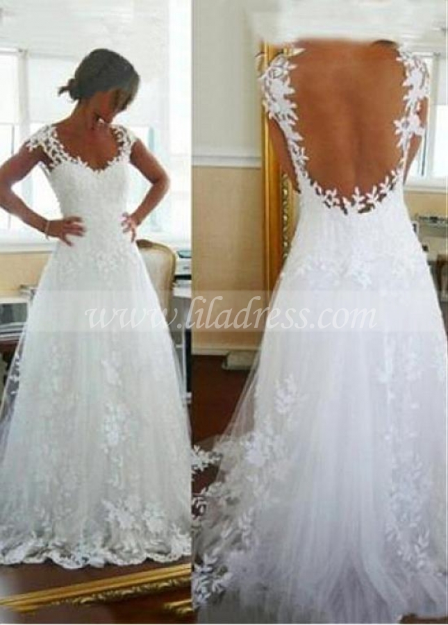 Amazing Tulle Scoop Neckline A-line Wedding Dresses with Lace Appliques