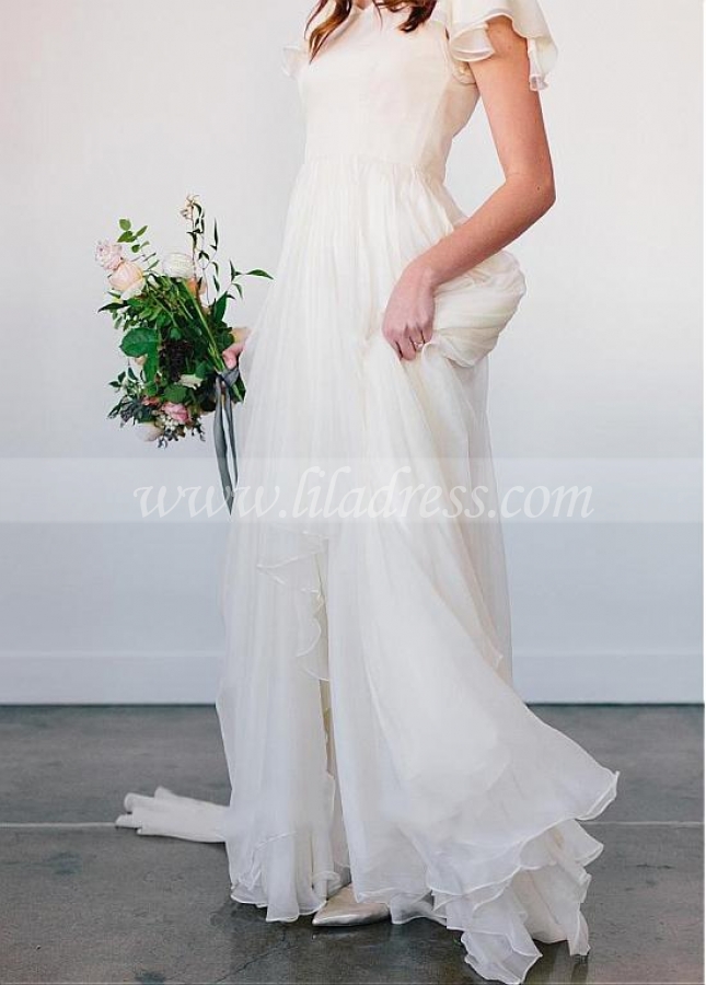 Delicate Chiffon Asymmetrical Neckline A-line Wedding Dresses With Beadings
