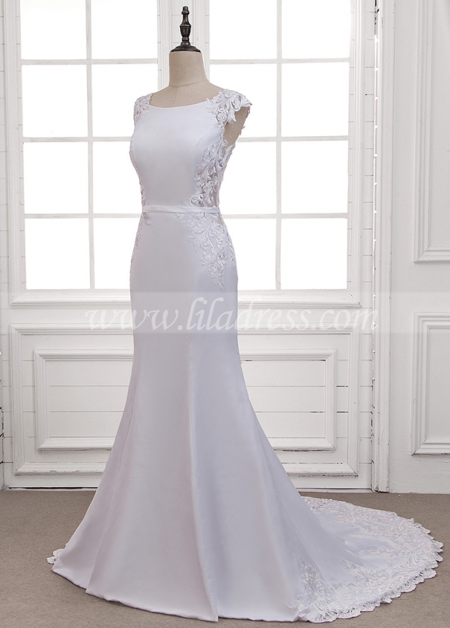 Glamorous Tulle & Acetate Satin Scoop Neckline Mermaid Wedding Dress With Lace Appliques