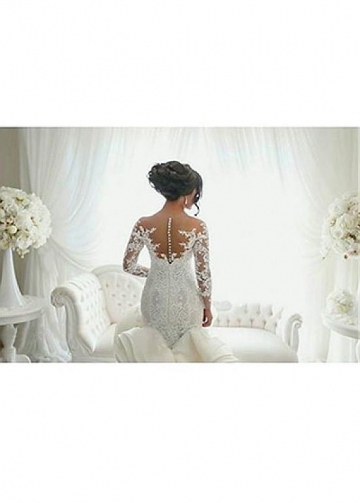 Stunning Tulle & Satin Bateau Neckline Mermaid Wedding Dresses With Lace Appliques