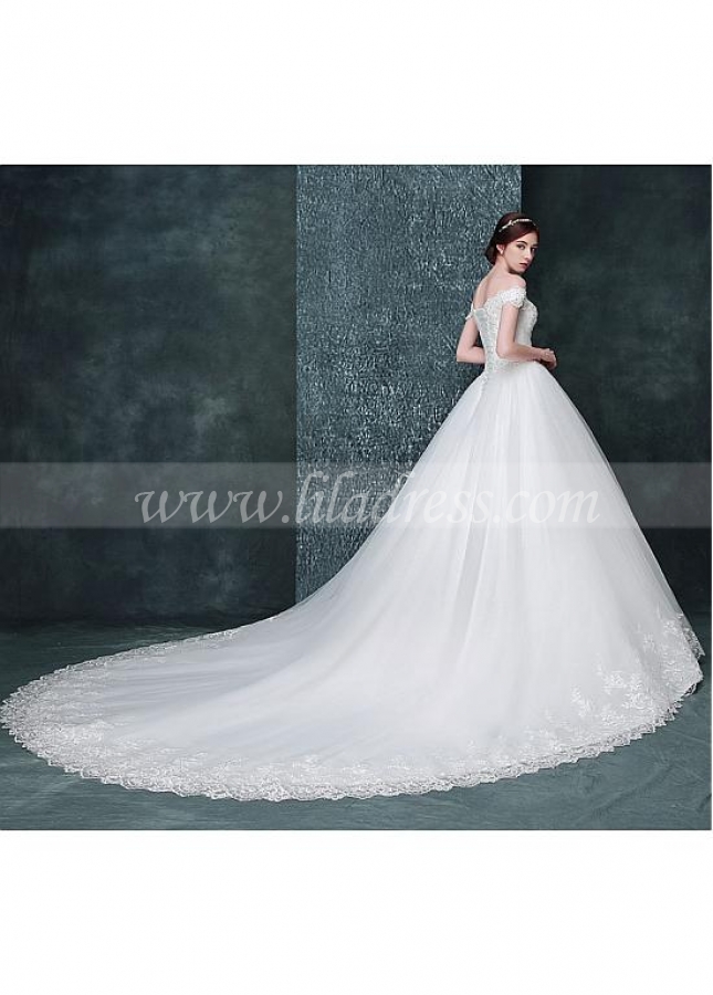 Glamorous Tulle Off-the-shoulder Neckline Ball Gown Wedding Dress With Beaded Lace Appliques