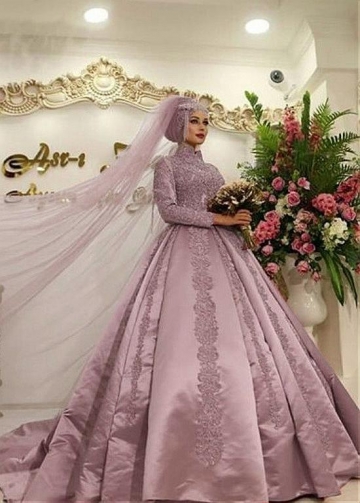 Vintage Satin High Collar Ball Gown Arabic Islamic Wedding Dress With Lace Appliques