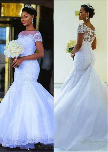 Charming Tulle Bateau Neckline Mermaid Wedding Dress With Beadings & Lace Appliques