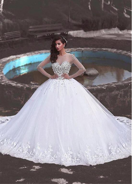 Junoesque Tulle Jewel Neckline Ball Gown Wedding Dress With Lace Appliques & Beadings