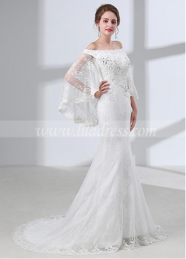 Delicate Lace & Satin Off-the-shoulder Neckline Mermaid Wedding Dress With Beadings