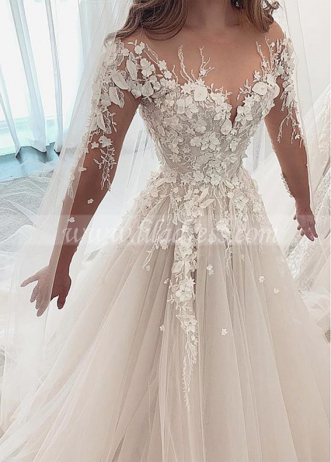 Alluring Tulle Jewel Neckline A-line Wedding Dresses With Lace Appliques & 3D Flowers & Beadings