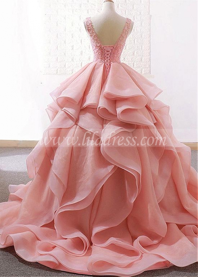 Alluring Lace & Organza Satin Jewel Neckline Ball Gown Wedding Dresses With Beadings