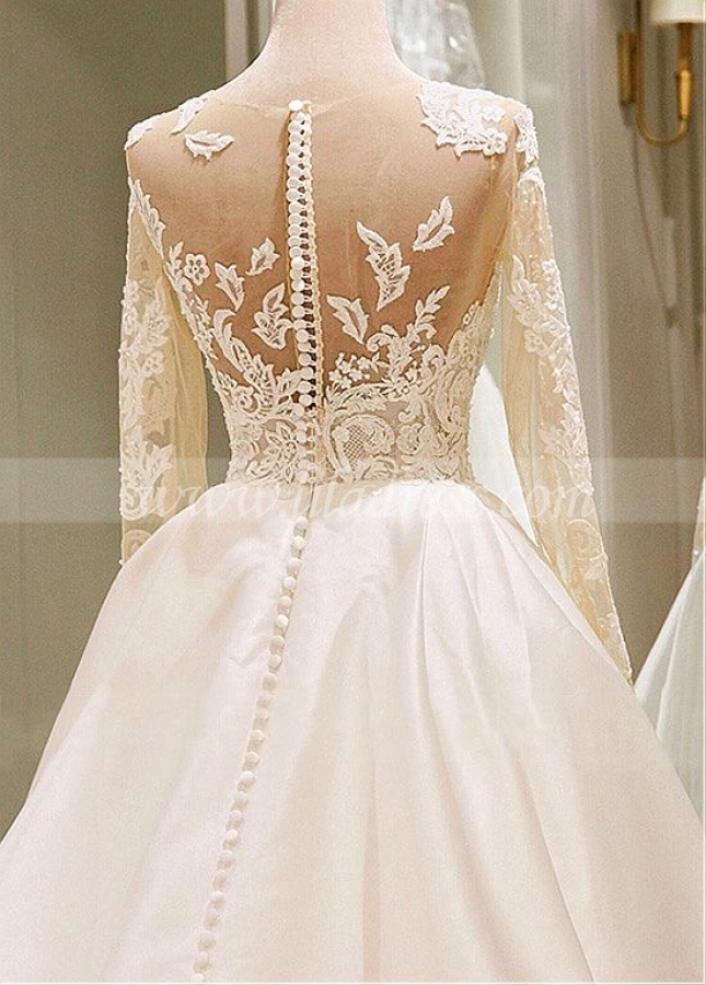 Lavish Tulle & Satin Jewel Neckline Ball Gown Wedding Dresses With Lace Appliques & Beadings