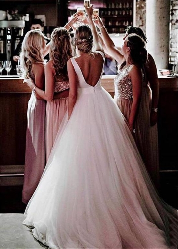 Elegant Tulle & Satin Bateau Neckline V-cut Back A-line Wedding Dresses With Bowknot