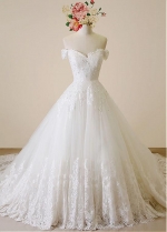 Amazing Tulle Off-the-shoulder Neckline A-line Wedding Dresses With Beaded Lace Appliques