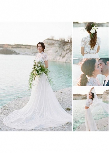 Wonderful Tulle Illusion High Collar Two-piece A-line Wedding Dress With Lace Appliques