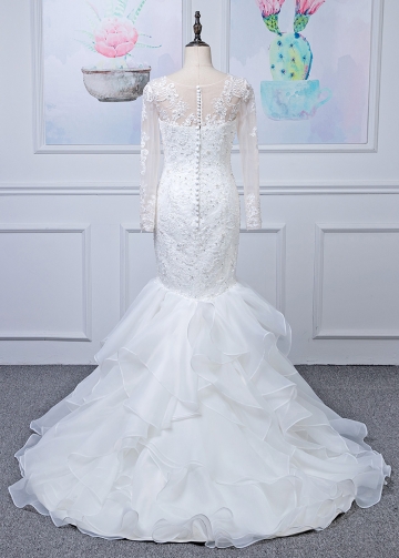 Fantastic Tulle & Organza Satin V-neck Neckline Mermaid Wedding Dress With Beaded Lace Appliques & Ruffles