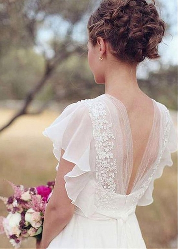 Glamorous Chiffon V-neck Neckline A-line Wedding Dresses With Handmade Flowers