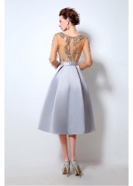 Graceful Tulle & Satin Scoop Neckline Tea-length A-line Homecoming Dresses With Beadings