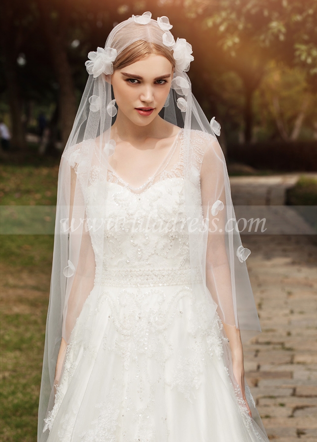 Gorgeous Tulle V-neck Neckline A-line Wedding Dresses With Lace Appliques