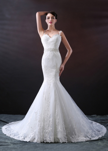 Delicate Tulle Spaghetti Straps Neckline Mermaid Wedding Dress With Lace Appliques
