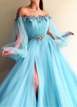 Modern Tulle Jewel Neckline Floor-length A-line Prom Dresses With Slit