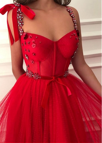 Alluring Polka Dot Tulle Sweetheart Neckline Floor-length A-line Red Prom Dresses