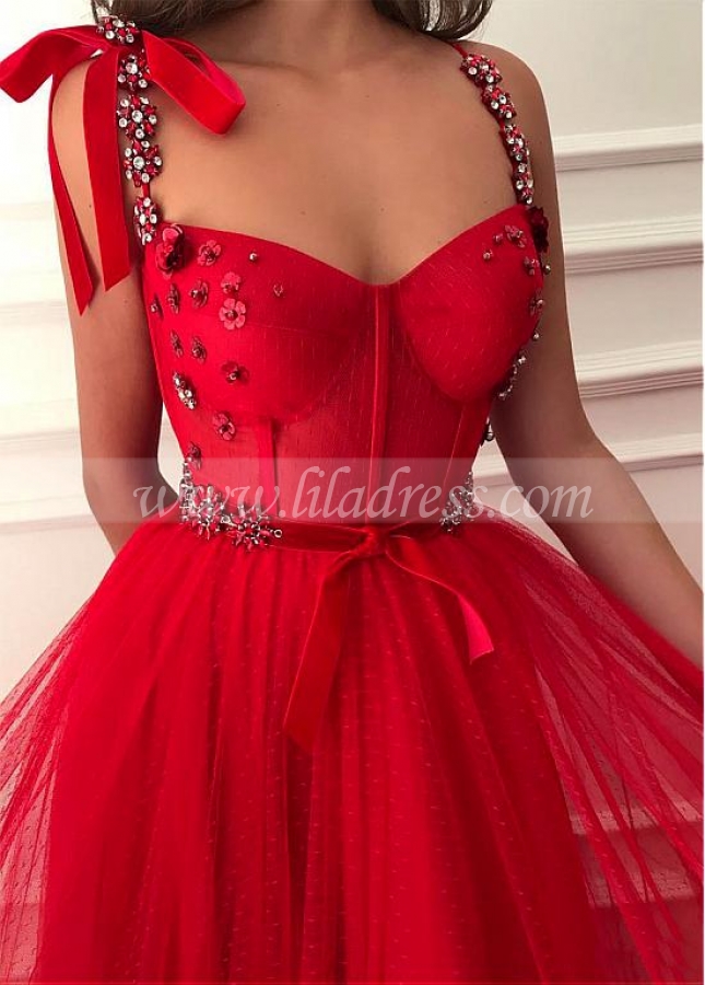 Alluring Polka Dot Tulle Sweetheart Neckline Floor-length A-line Red Prom Dresses