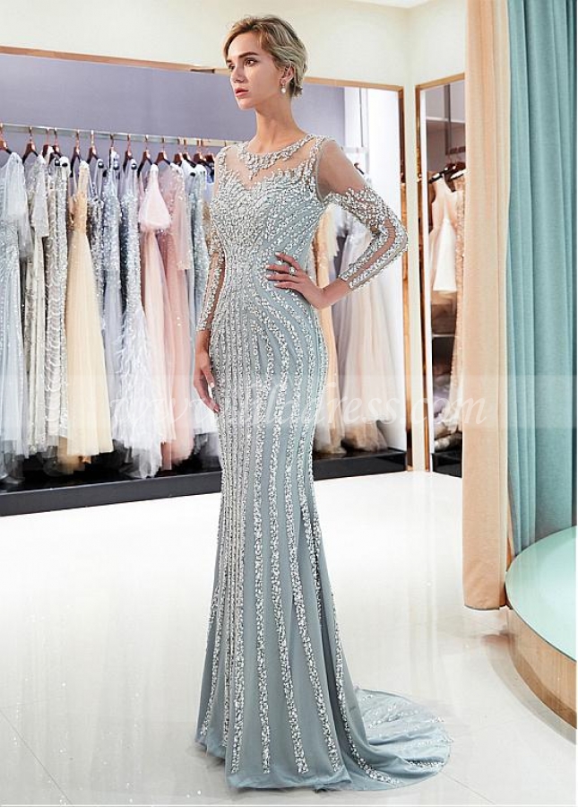 Shining Tulle Jewel Neckline Mermaid Formal Dress With Beadings
