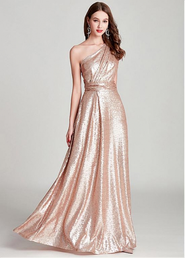Romantic Sequins One Shoulder Neckline Floor-length A-line Formal Dress