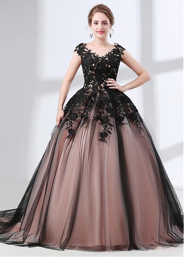 Tulle & Satin Scoop Neckline Cap Sleeves Ball Gown Evening Dress With Beadings & Lace Appliques