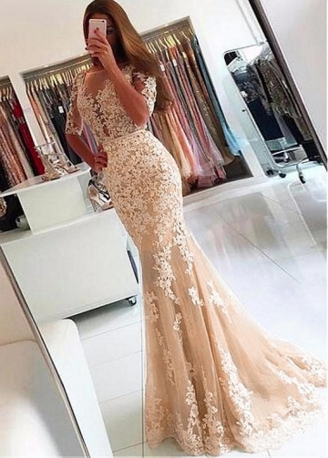 Fashionable Tulle Scoop Neckline Half Sleeves Mermaid Evening Dress With Beaded Lace Appliques & Belt