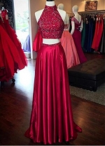 Alluring Silk Like Satin High Collar Neckline Two Piece A-line Prom Dresses With Beadings