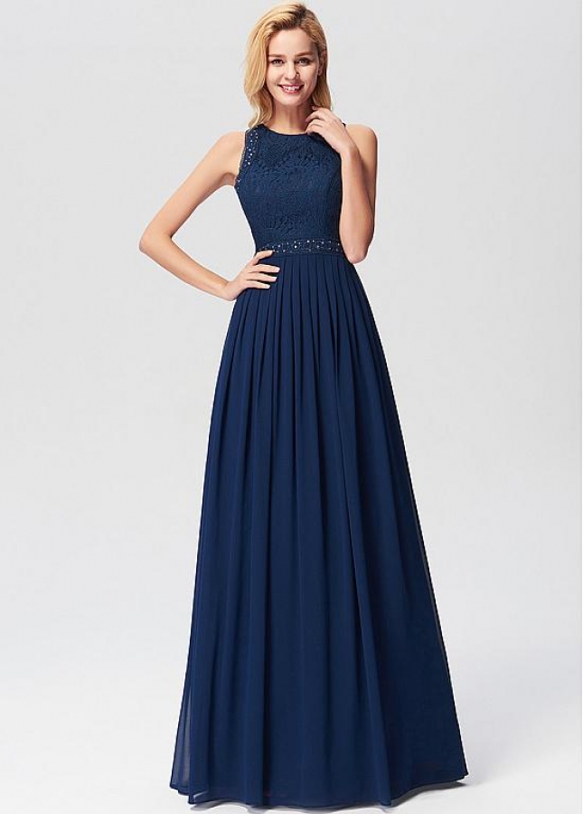 Glorious Lace & Chiffon Jewel Neckline A-line Evening Dresses