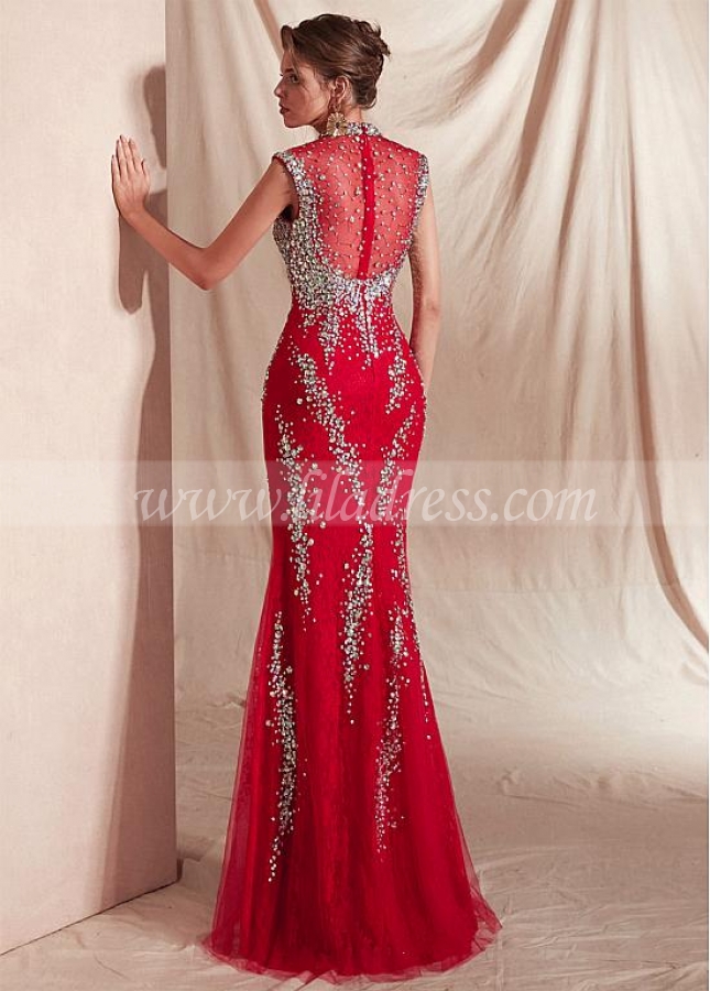 Stunning Lace High Collar Cap Sleeves Mermaid Evening Dresses With Beadings