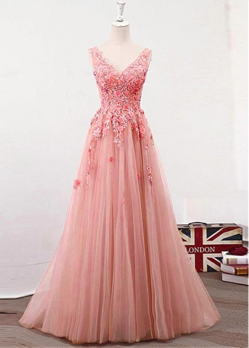 Exciting Tulle V-neck Neckline Floor-length A-line Prom Dress With Lace Appliques & Handmade Flowers & Beadings
