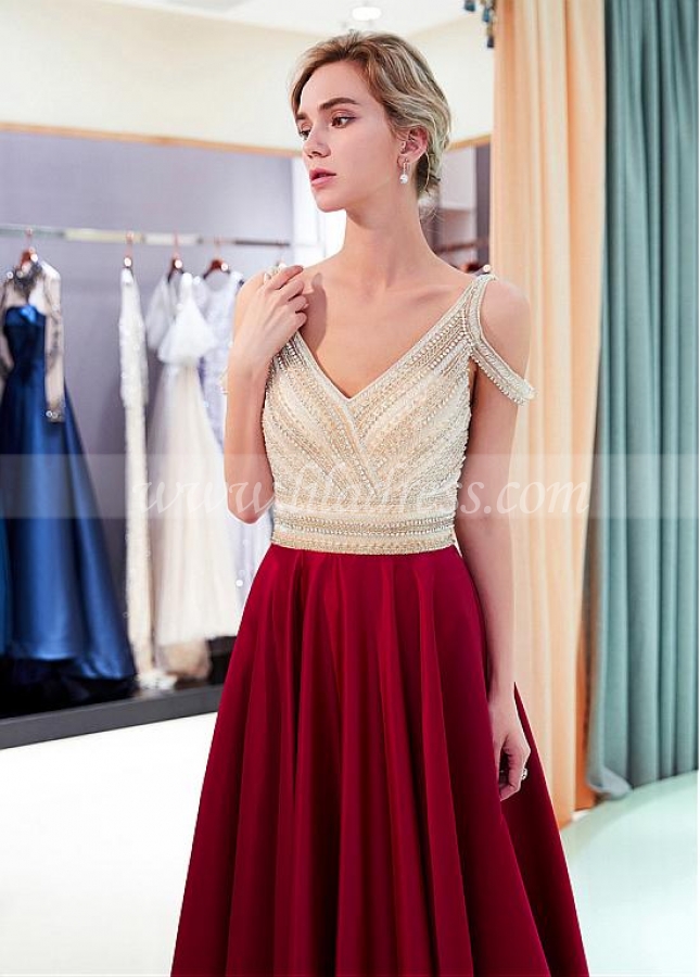 Stunning Tulle & Satin V-neck Neckline A-line Prom Dress With Beadings