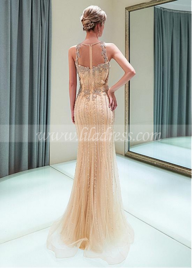 Exquisite Tulle Jewel Neckline Full-length Mermaid Evening Dress With Beadings