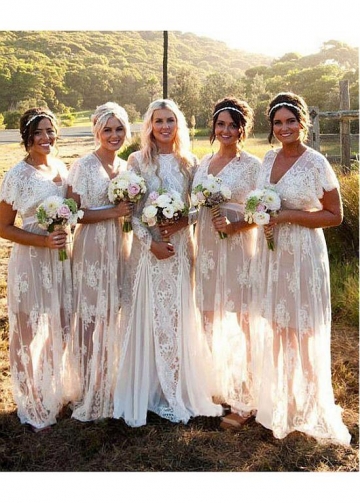 Glamorous Lace V-neck Neckline A-line Bridesmaid Dresses With Belt