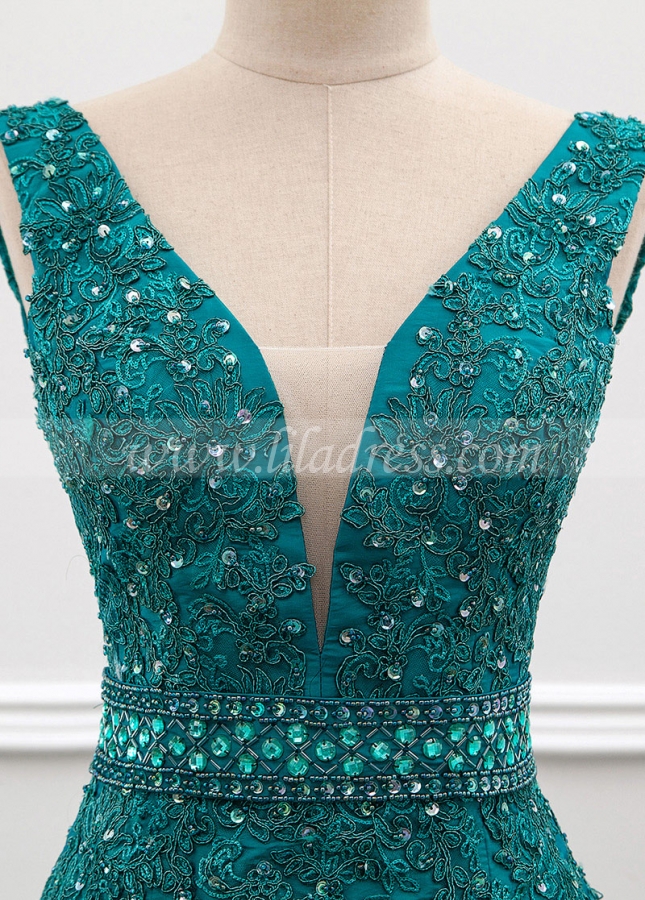 Delicate Taffeta V-neck Neckline Mermaid Evening Dress With Beaded Lace Appliques