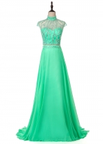 Fascinating Chiffon High Collar Two-piece A-line Prom Dress With Beading