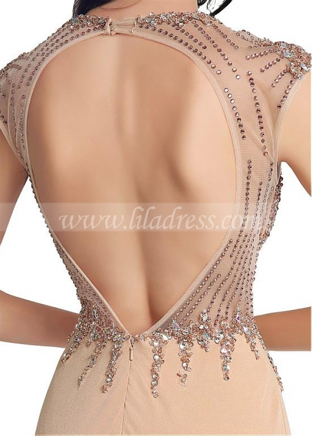 Delicate Jewel Neckline Keyhole Cut-out Back Full-length Sheath Evening Dresses With Beadings