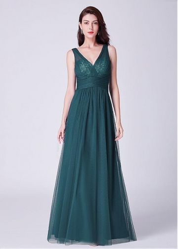 Exquisite Tulle & Sequin Lace V-neck Neckline A-line Bridesmaid Dresses