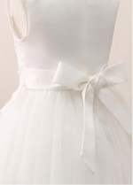 Modest Tulle & Satin Jewel Neckline A-line Flower Girl Dress With Lace Appliques & Beadings & Belt