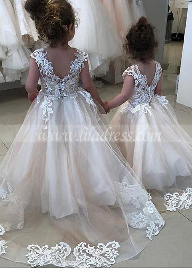 Charming Tulle Jewel Neckline Ball Gown Flower Girl Dresses With Lace Appliques