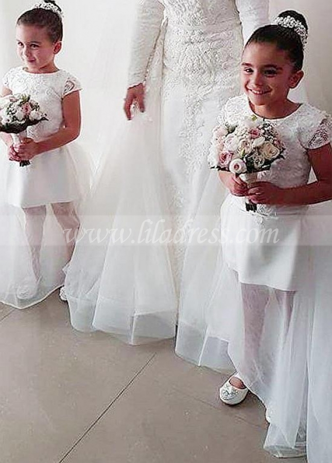 Beautiful Lace & Tulle Jewel Neckline Ball Gown Flower Girl Dresses With Beadings