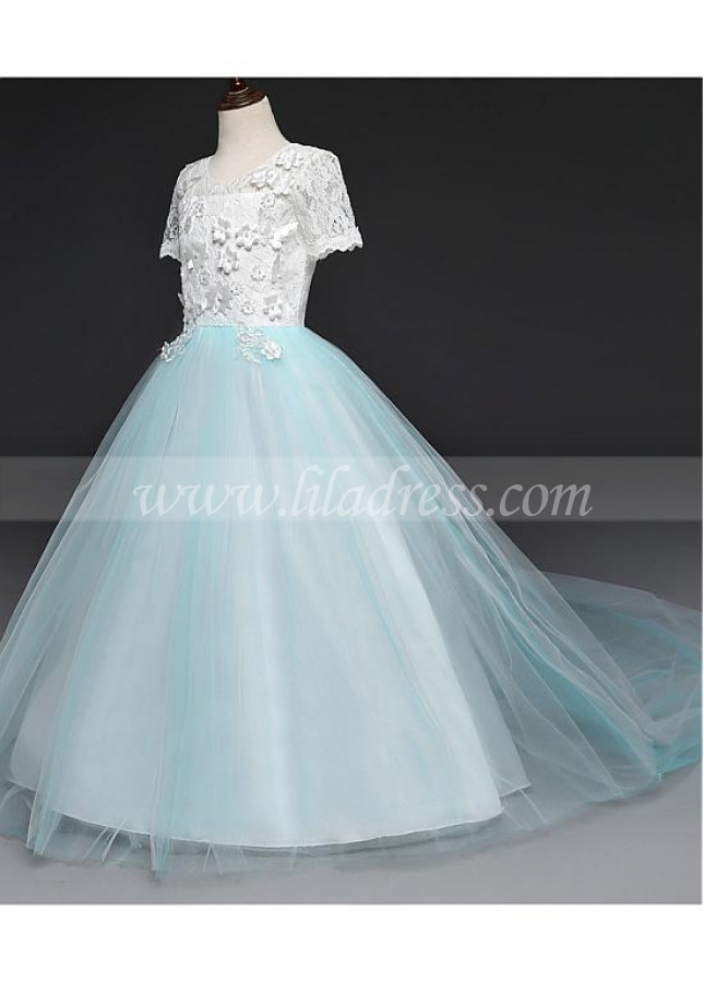 Stunning Tulle & Lace Jewel Neckline Ball Gown Flower Girl Dresses With Handmade Flowers