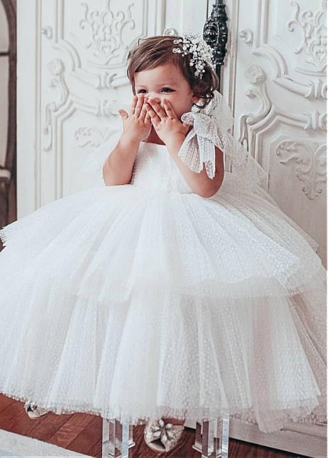 Pretty Polka Dot Tulle Square Neckline Ball Gown Flower Girl Dresses With Straps