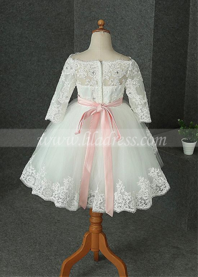Sweet Tulle & Satin Off-the-shoulder Neckline Ball Gown Flower Girl Dress With Beaded Lace Appliques & Belt