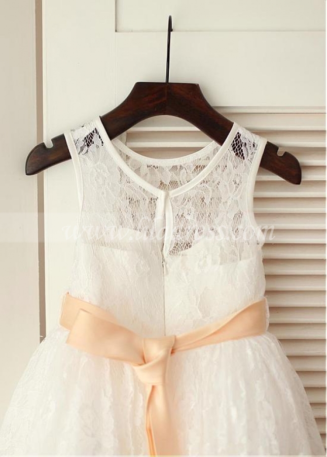 Graceful Lace Jewel Neckline Ankle-length A-line Flower Girl Dresses With Handmade Flowers