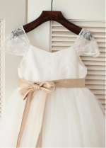 Fantastic Lace & Tulle Tea-length Ball Gown Flower Girl Dresses With Belt