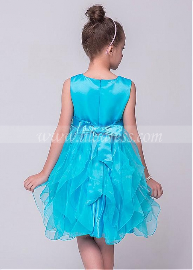 Glamorous Satin & Organza Jewel Neckline Ball Gown Flower Girl Dresses With Handmade Flowers