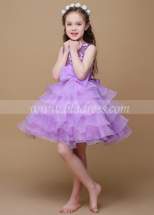 Sparkling Sequin Lace & Satin Jewel Neckline Ball Gown Flower Girl Dresses With Bow